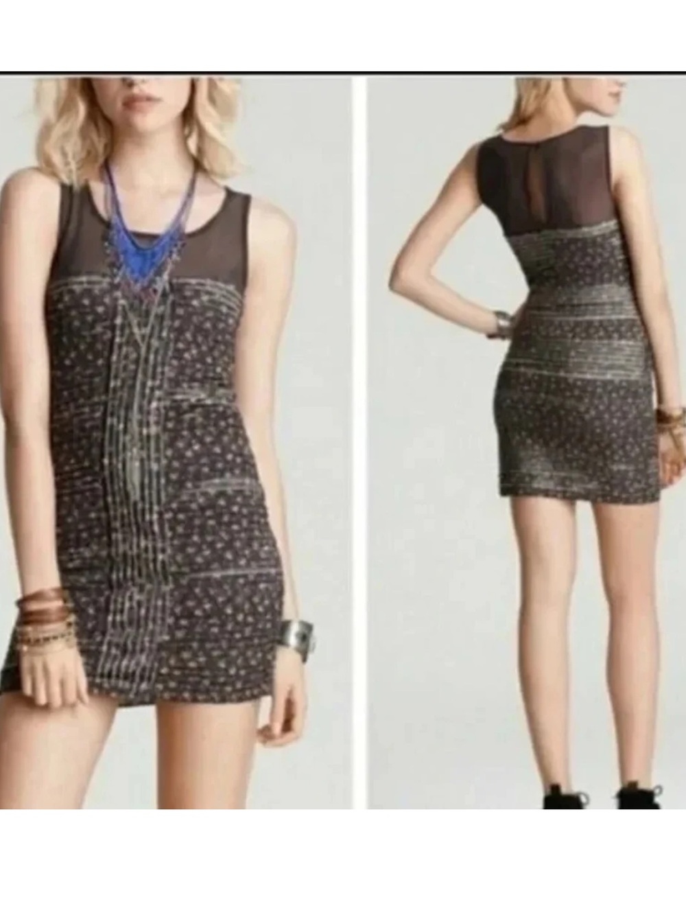 Free People Women's Gray Floral Mesh Ruffle Shimmy Bodycon Mini Dress